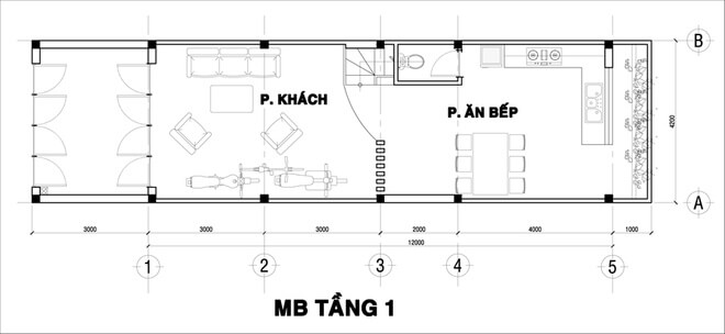 Mặt bằng tầng 1 nhà ống 3 tầng