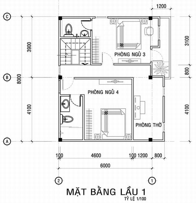 Mặt bằng thiết kế tầng 2 trong Mẫu nhà đẹp 3 tầng với nhiều phòng riêng tư sang trọng trang nhã