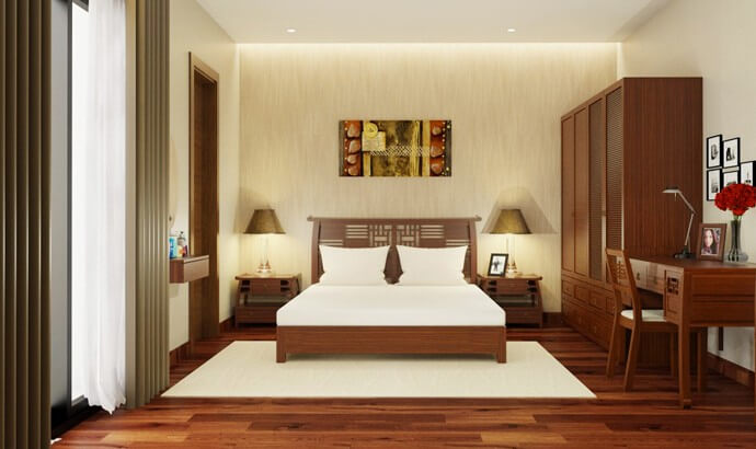 Sửa chữa phòng ngủ biệt thự bằng cách thiết kế bằng gỗ tự nhiên cao cấp.