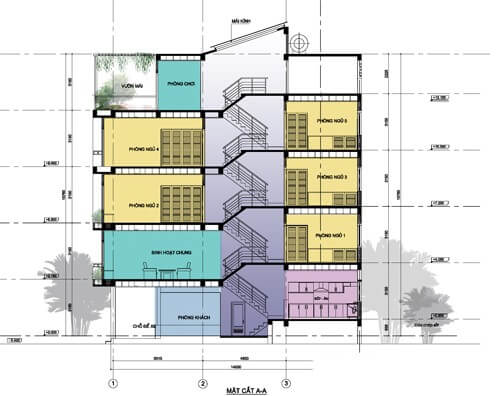 Mặt cắt AA nhà ống 5 tầng đẹp tại Hà Nội