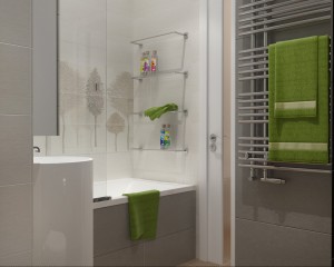 Phòng tắm đơn giản với tone màu be và kệ treo đồ tiện dụng