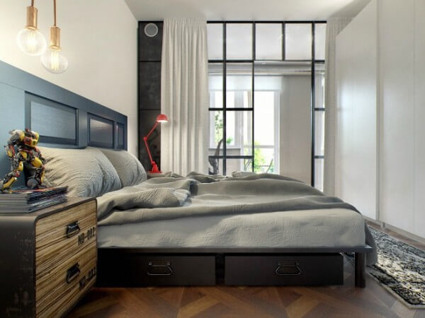 Cải tạo căn hộ 69m2 đầy sáng tạo, Phòng ngủ duy nhất trong căn hộ, nền nã trong thiết kế đơn giản.