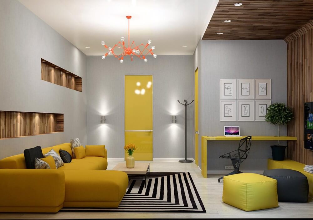 Thiết kế căn hộ với phòng khách, phòng làm việc 2 trong 1 tiết kiệm không gian với tông màu vàng - xám. 