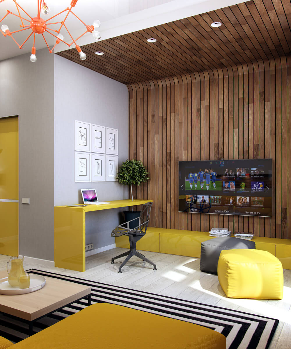 Căn hộ thiết kế mảng tường ốp gỗ kết hợp sắc màu xám - vàng nổi bật cho căn phòng.