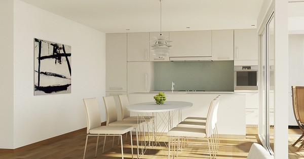 Không gian ăn uống màu trắng sáng thiết kế thanh lịch rất thích hợp cho thiết kế căn hộ nhỏ.