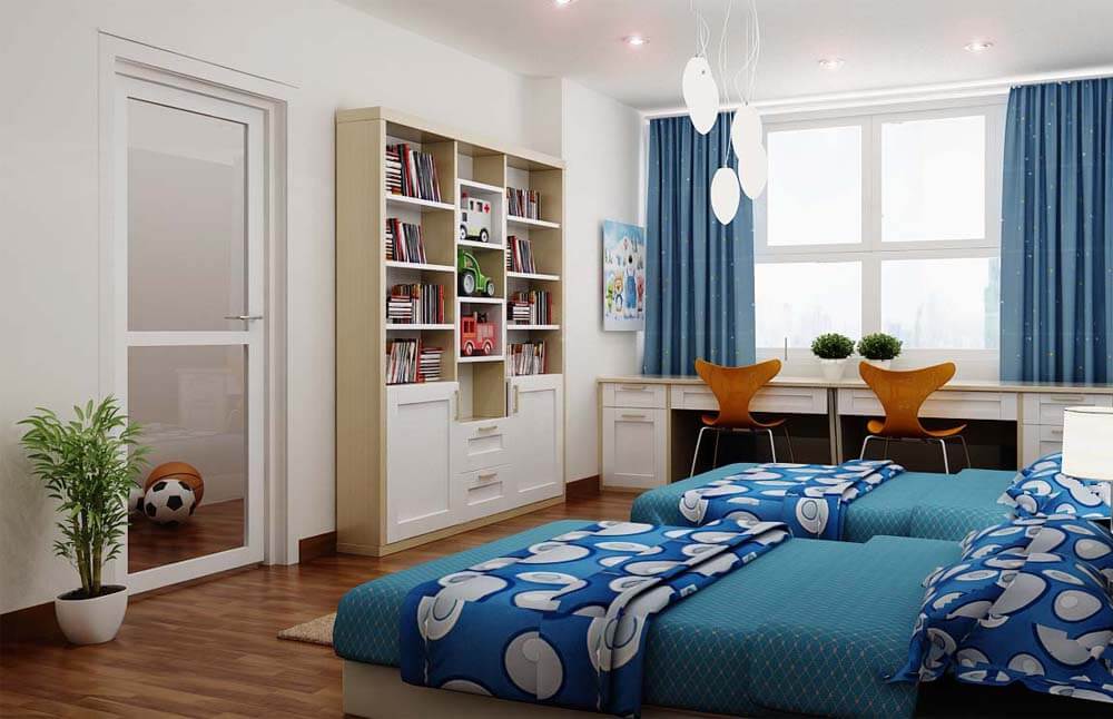 Phòng ngủ của hai cậu con trai gam màu trắng tường, có thể chọn gam màu xanh cá tính để trang trí, trong thiết kế căn hộ nhỏ này.