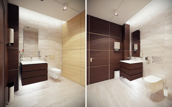Cải tạo căn hộ với phòng tắm, tone màu trắng - nâu điểm nhấn nổi bật, cùng với những đồ nội thất tinh tế, sang trọng.