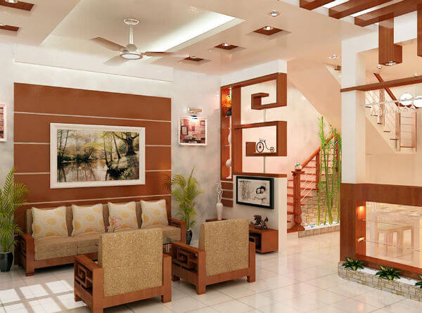 Phòng khách với gam màu trung tính, kết màu sơn nhà nâu tạo điểm nhấn nổi bật đầy ấn tượng.