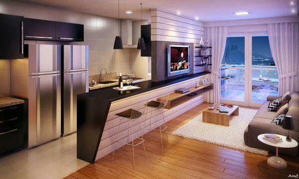 Một vách ngăn khéo léo giữa nhà bếp và phòng khách sẽ biến thành một quầy bar từ bức tường một nửa, sau sửa nhà chung cư này.