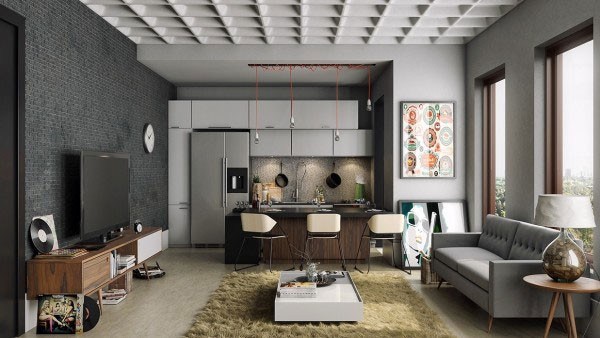 Sau khi sửa nhà chung cư, phòng khách được kết hợp với không gian bếp, với tông màu ghi xám cho căn hộ có thiết kế khá nam tính.