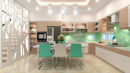 Phòng bếp - bàn ăn ăn trong mẫu thiết kế nhà 4 tầng này tích hợp tô điểm bởi tông màu xanh dịu nhẹ. Vách trang trí như một bức tranh hiện đại, đồng thời tạo được điểm nhấn cho không gian này.