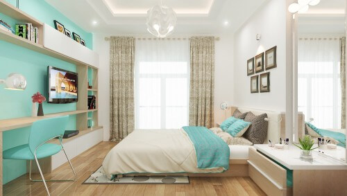 Thiết kế nhà 4 tầng với phòng ngủ master không cầu kỳ, không bày trí nhiều vật dụng, chủ yếu. Cách phối màu tinh tế từ những mảng vật liệu cùng tông màu tạo nên sự đồng điệu và tinh tế.