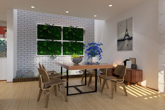 Thiết kế nhà đẹp với vườn tường xinh xắn bố trí cạnh bàn ăn làm điểm nhấn. Với phần tường trống còn lại, chủ nhà có thể treo một bức tranh đơn giản tùy thích
