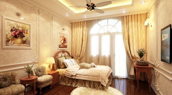 Thiết kế nhà ống với phòng ngủ lớn cổ điển với nền nhã nhặn mang đến cảm giác thư giãn cho chủ nhà khi nghỉ ngơi
