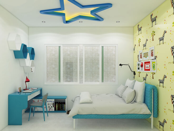 Phòng ngủ của con với gam màu trắng - xanh biển và vàng chanh được dùng để trang trí cho phòng bé trai trong mẫu thiết kế nhà phố này.
