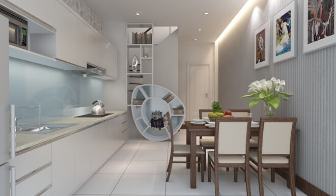 Phòng bếp trong mẫu thiết kế nhà 3 tầng này nằm ở tầng 1 được trang trí đẹp mắt với gam màu trắng, sáng rộng.