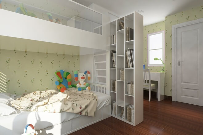 Thiết kế nhà với phòng ngủ hai con ở độ tuổi 9 và 12 nên vẫn sử dụng giường tầng và mỗi bé đều có chỗ học bài, tủ đựng đồ riêng