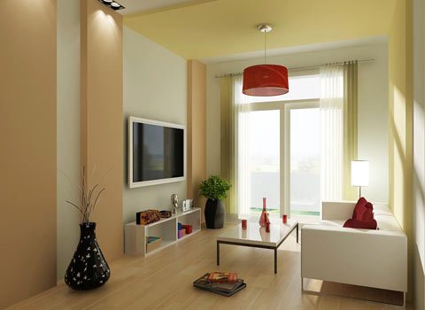 Phòng khách ấm cúng và nhẹ nhàng với thiết kế cầu kỳ trần, chiếu sáng, những mảng trang trí và màu sắc phối hợp tạo ấn tượng cho mẫu thiết kế nội thất phòng khách này.
