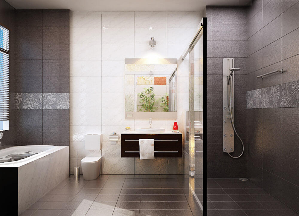 Cải tạo căn hộ chung cư với phòng tắm lát nền và ốp tường màu nâu sang trọng và sạch sẽ