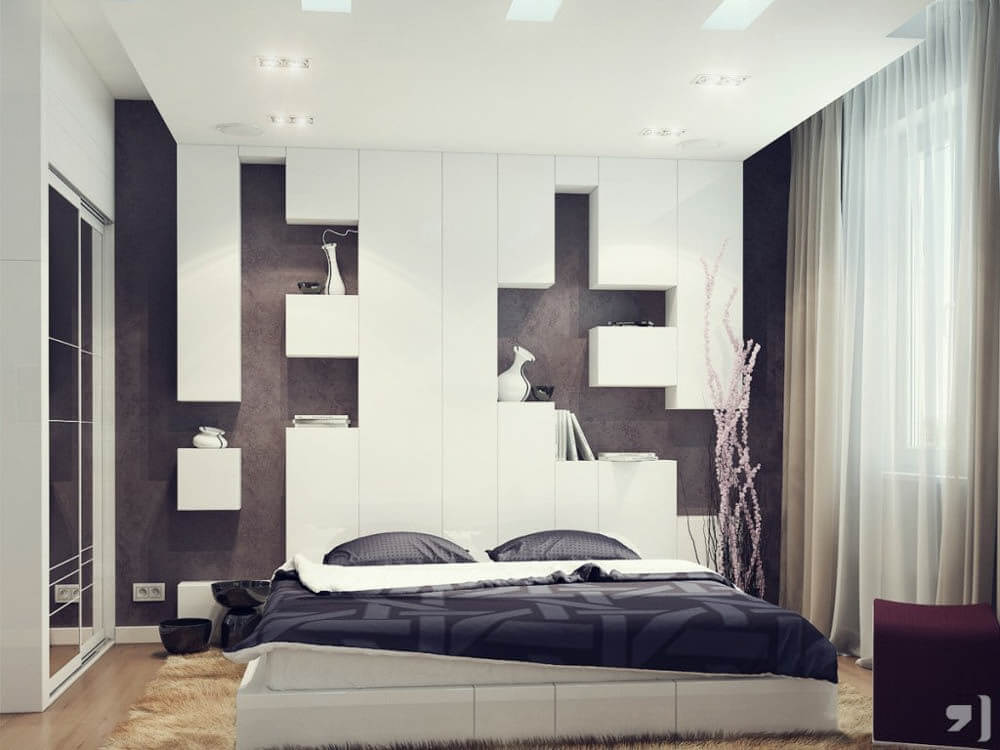 Phòng ngủ lớn nhà chung cư sửa chữa cải tạo với tone màu trẻ trung, kết hợp với mảng tường decor độc đáo.