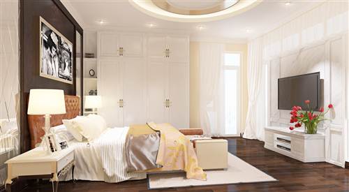 Không gian phòng ngủ của vợ chồng có tông màu trung tính hài hòa với tổng thể chung của ngôi nhà. Vật dụng nội thất giản dị mà hiện đại sau cải tạo sửa chữa nhà phố.