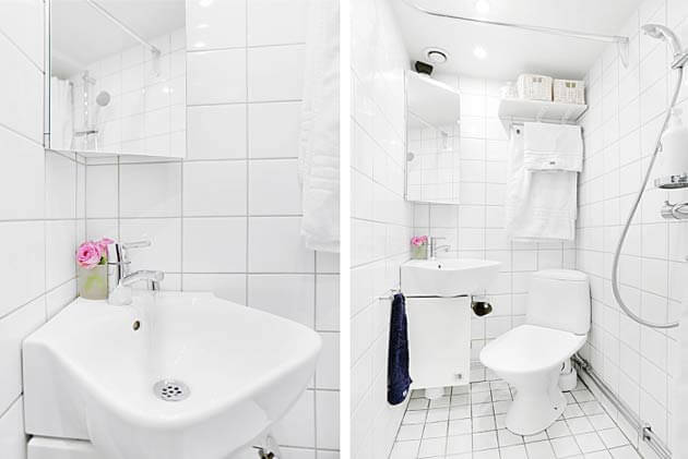Phòng tắm chỉ với khoảng 3m2 và không vuông vắn nhưng được sắp xếp khoa học với đầy đủ tiện nghi hiện đại cần thiết trong mẫu thiết kế căn hộ này.
