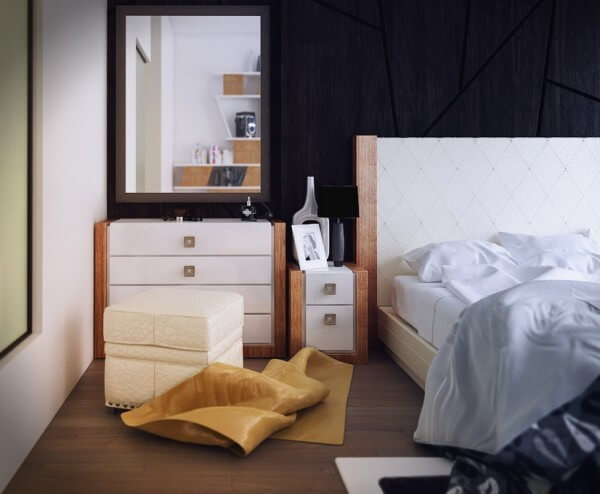 Mẫu thiết kế phòng ngủ đẹp này với sự tương phản giữa các gam màu đã mang đến sự ấn tượng cho phòng ngủ.
