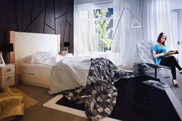 Mẫu thiết kế phòng ngủ đẹp này với sự tương phản giữa các gam màu đã mang đến sự ấn tượng cho phòng ngủ.