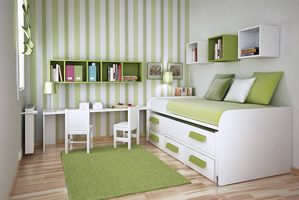 Phòng ngủ và góc học tập của con, trong mẫu thiết kế nội thất nhà chung cư, ngăn nắp với tone màu bắt mắt.