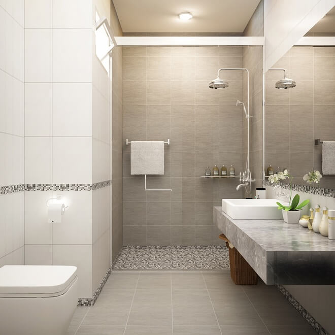 Nhà tắm sử dụng chung nên khá rộng rãi và có ô cửa nhỏ lấy không khí, ánh sáng, trong mẫu thiết kế nhà ống 3 tầng này.