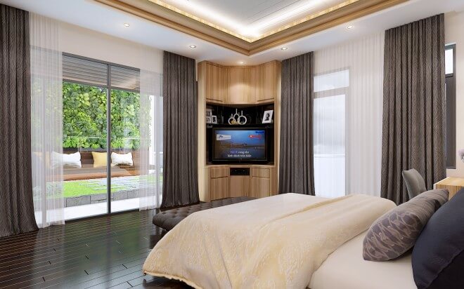 Phòng ngủ master với tông nâu gỗ nhạt và màu trắng mang lại vẻ hài hòa, thư thái, trông thiết kế nhà 5 tầng này.