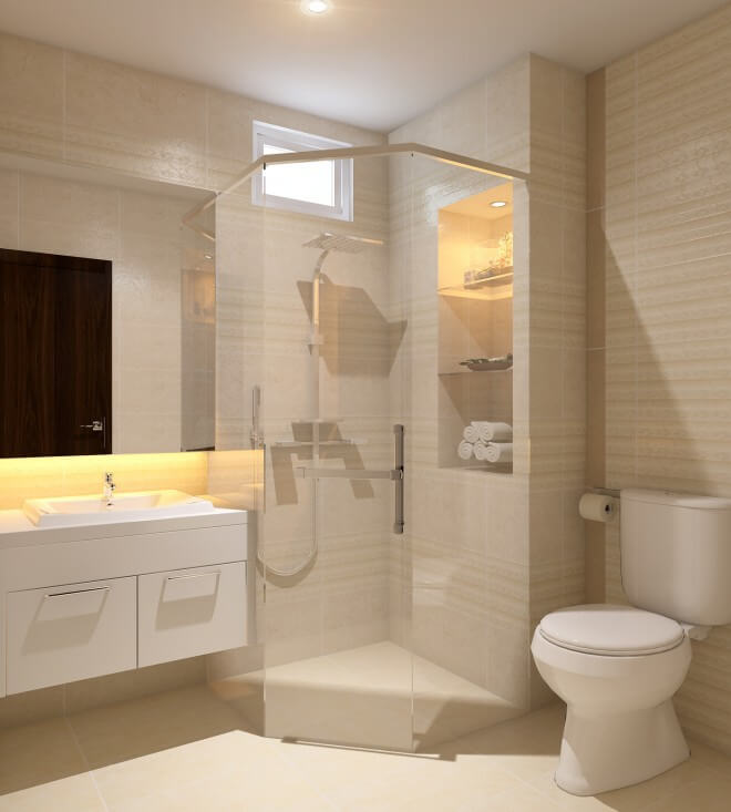 Phòng tắm trong mẫu thiết kế nhà phố này, đơn giản với tông màu kem nhạt, sang trọng.