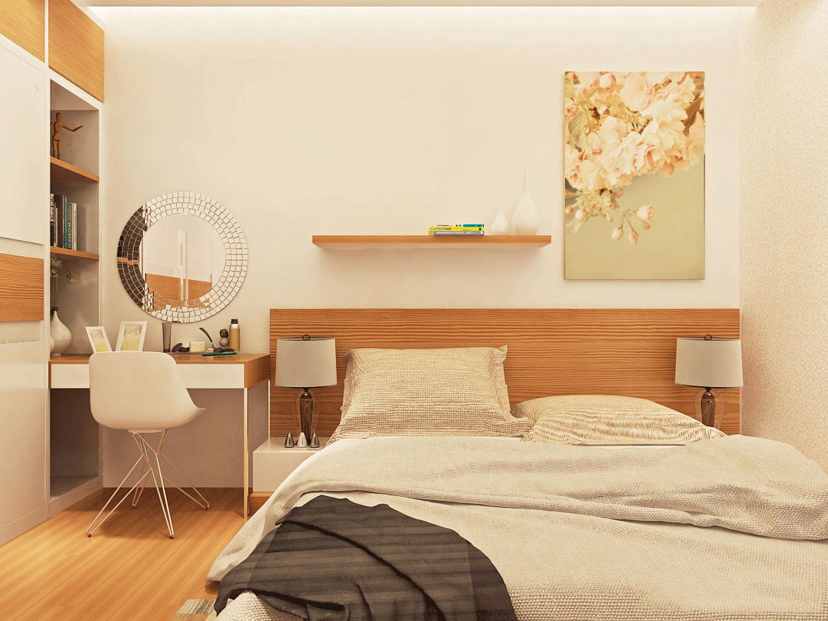 Phòng ngủ phụ sau khi sửa nhà cải tạo lại nội thất trở nên ấm cúng và hiện đại hơn khi có sự kết hợp hài hòa giữa tường, tủ quần áo và kệ cùng màu sàn gỗ.