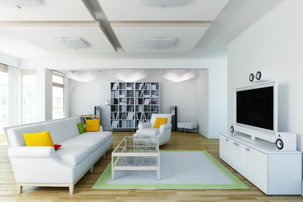 Thiết kế nội thất nhà 30m2, phòng khách tông màu trắng, tạo cảm giác rộng rãi hơn.