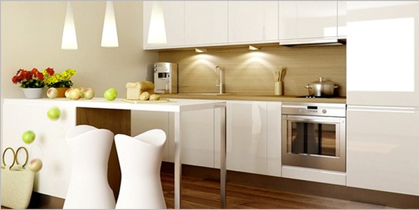 Cải tạo nhà chung cư, với khu bếp nấu đơn giản với một bên là hệ thống tủ sát tường, một bên là quầy bar hoặc vách ngăn trang trí.