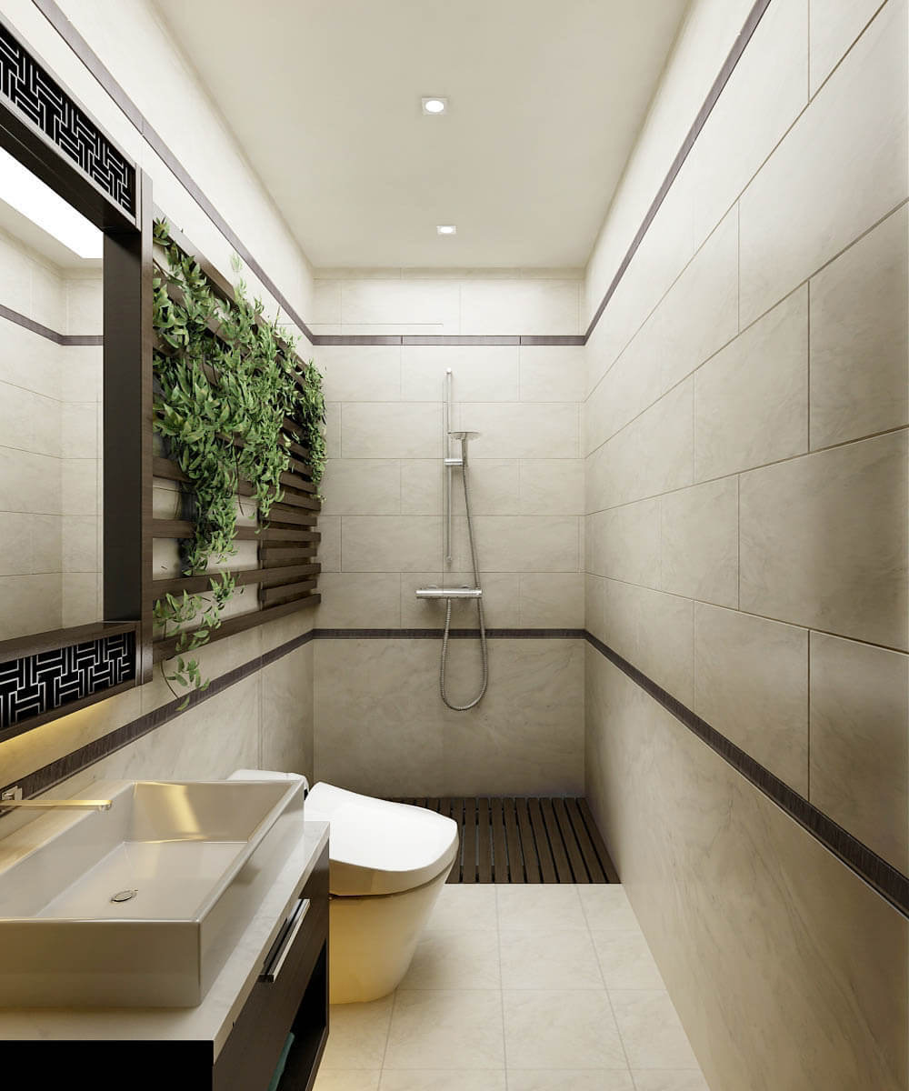 Nhà tắm gọn gàng, sạch sẽ, thiết kế đơn giản trong mẫu thiết kế nhà 3 tầng này.