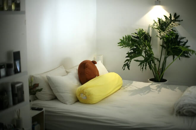 Chỗ ngủ cũng nhỏ xinh và ấm cúng, trong mẫu căn hộ đẹp.