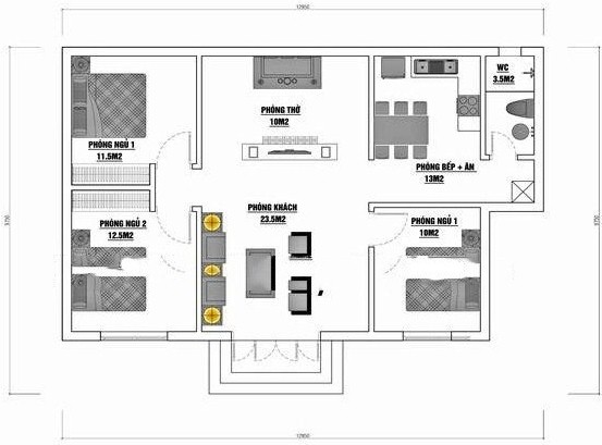 Mẫu 9: Nhà cấp 4 có diện tích 75m2 được xây dựng trên khu đất có diện tích 96m2 bao gồm các công năng phòng khách, một phòng thờ, một phòng ngủ lớn, hai phòng ngủ nhỏ, một phòng bếp và một nhà vệ sinh.