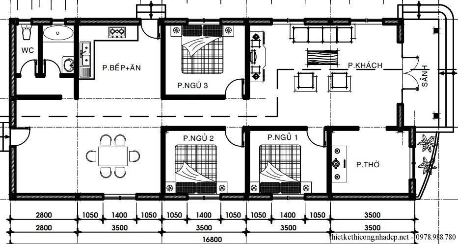 Mẫu 2: Thiết kế nhà cấp 4 với phòng khách, một khu vực bếp rộng rãi đối diện phòng ăn, ba phòng ngủ và một phòng thờ riêng biệt. Đây là cách thiết kế cũng như bố trí khá phổ biến hiện nay tại các gia dình ở nông thôn với khu bếp nấu ở phía trong, không gian tiếp khách ở phía cửa chính và không gian nghỉ ngơi ở giữa nhà để đảm bảo khoảng cách di chuyển giữa các không gian.