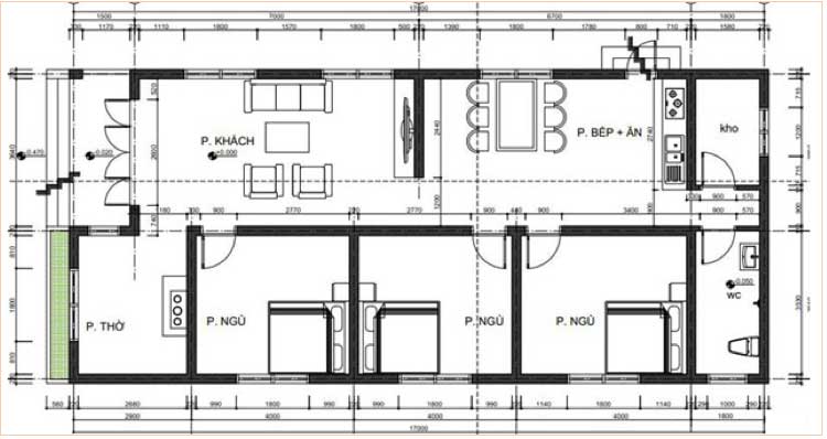 Mẫu 6: Mặt bằng công năng nhà cấp 4 có diện tích 7 x 15m được bố trí gồm phòng khách, ba phòng ngủ, phòng thờ, phòng bếp và ăn, nhà kho và nhà vệ sinh khép kín, đáp ứng đầy đủ nhu cầu sử dụng của nhiều hộ gia đình ba đến bốn thành viên sinh sống hiện nay.