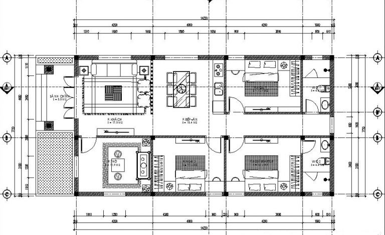 Mẫu 7: Mặt bằng công năng nhà cấp 4 gồm sân trước, phòng khách, phòng bếp, phòng thờ, hai phòng ngủ lớn, một phòng ngủ nhỏ và hai nhà vệ sinh được thiết kế đơn giản nhưng không kém phần hiện đại, đáp ứng đầy đủ nhu cầu sinh hoạt, thích hợp với nhiều hộ gia đình ở nông thôn và thành thị hiện nay.