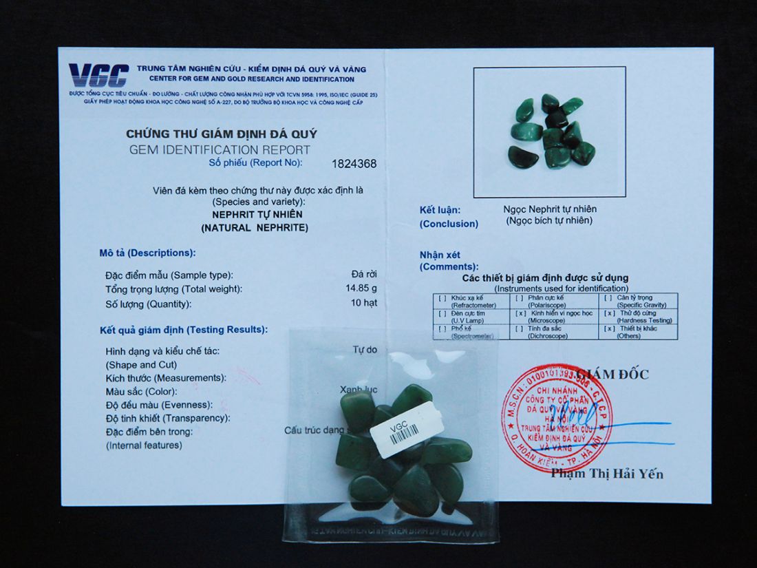 Chứng thư giám định đá quý Nephrite tự nhiên