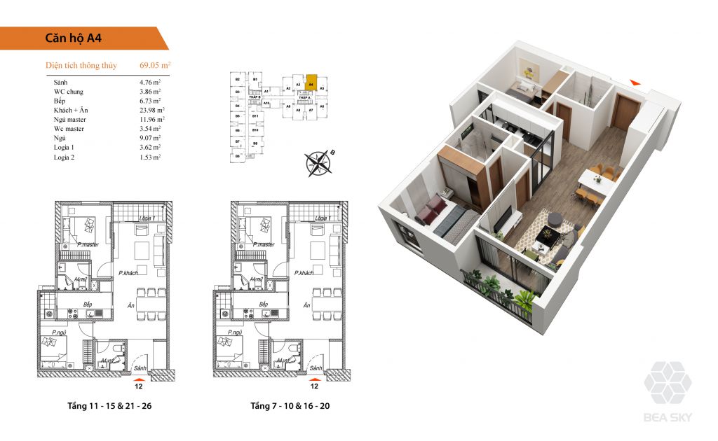 thiết kế chung cư bea sky căn hộ a4