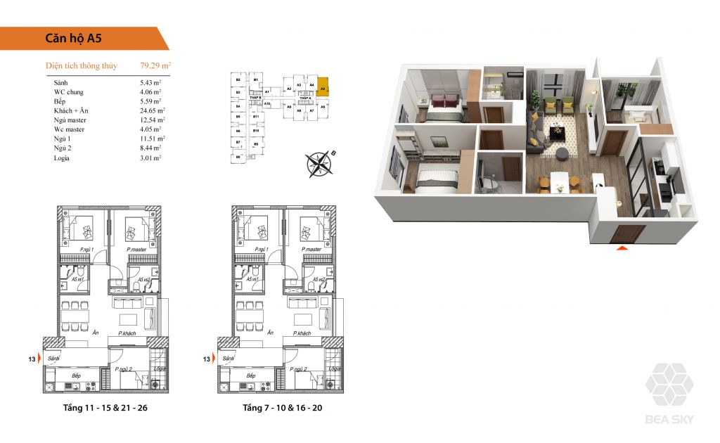 thiết kế chung cư bea sky căn hộ a5