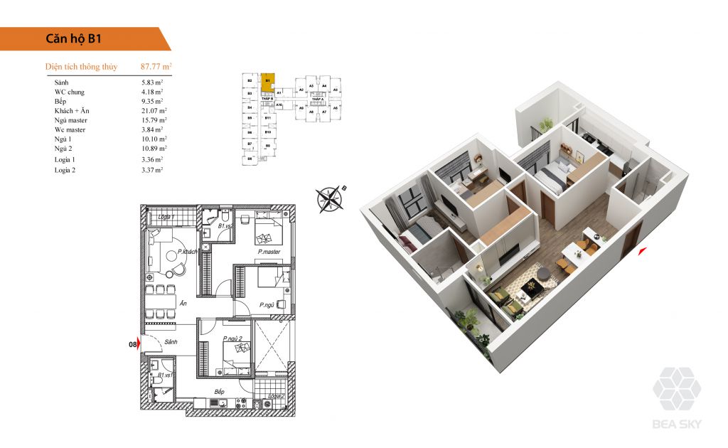 thiết kế chung cư bea sky căn hộ b1