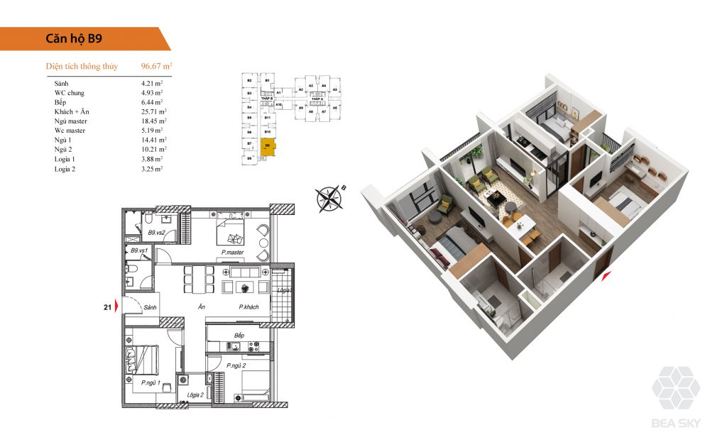 thiết kế chung cư bea sky căn hộ b9