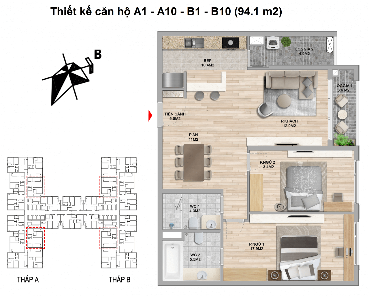 thiết kế căn hộ 2 ngủ the zei mỹ đình