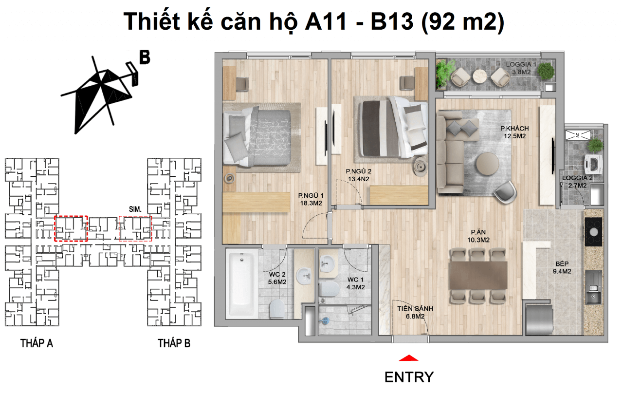 thiết kế căn hộ 2 ngủ the zei mỹ đình