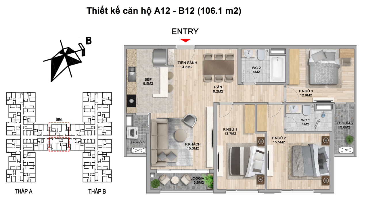 thiết kế căn hộ 3 ngủ the zei mỹ đình