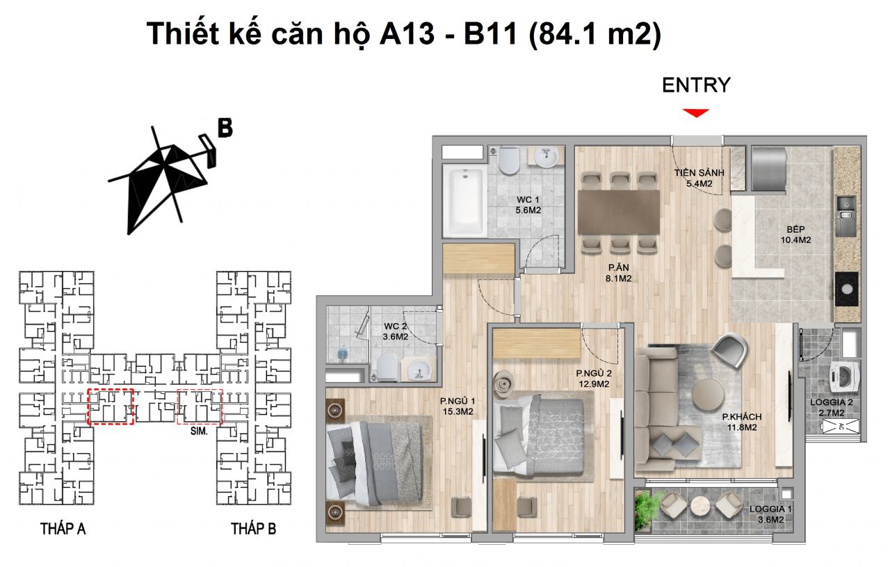 thiết kế căn hộ 2 ngủ the zei mỹ đình